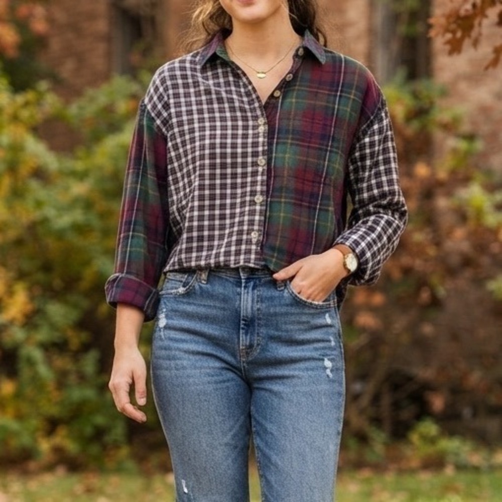 American Eagle Plaid Patchwork Flannel Shirt Womens Small Colorblock Button Down
